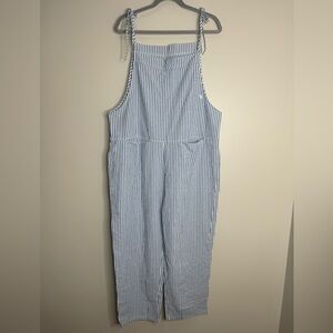 Madepants Blue White Railroad Linen Cotton Striped Wide Leg Overalls XL Coastal